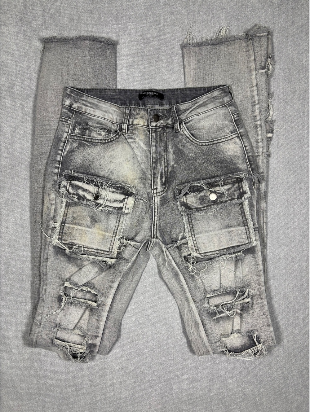 American Bazi Los Angeles Stacked Gray Acid Wash Distressed Cargo Jeans Size M